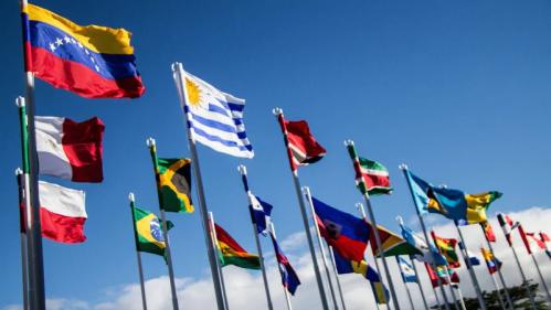 the flags of Latin American and Caribbean states fly at a regional summit in San Jose, Costa Rica, in January 2015.