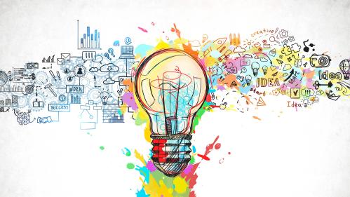 drawing of a lightbulb with colorful idea icons