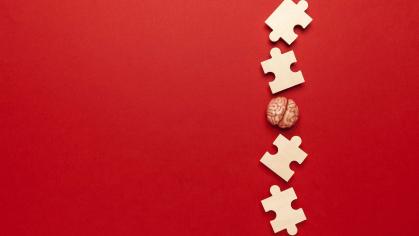 red background with puzzle pieces and a brain