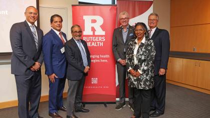 Jonathan Holloway, President, Rutgers University, Mark Manigan, Brian Strom, Governor Phil Murphy, and Shawna Hudson,