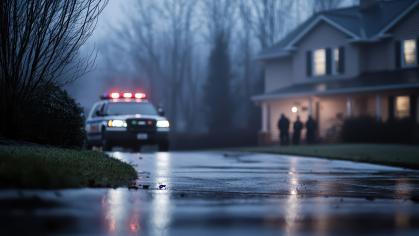 police are in the rain by a home