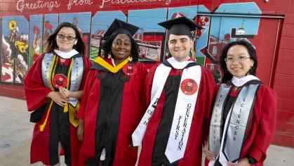 First-generation graduates Ashley Ren (SAS ’25), Evelyn Amoh (SAS ’25), and Alexander Ziegler (SAS ’25) celebrate with Michaela Peyrek (SAS ’25)