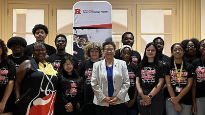Rutgers-Newark Chancellor Tonya Smith-Jackson with students and staff from the College and Career Institute, a Dual Enrollment program.