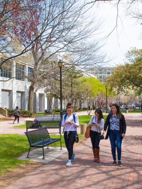 three ladies walking on campus