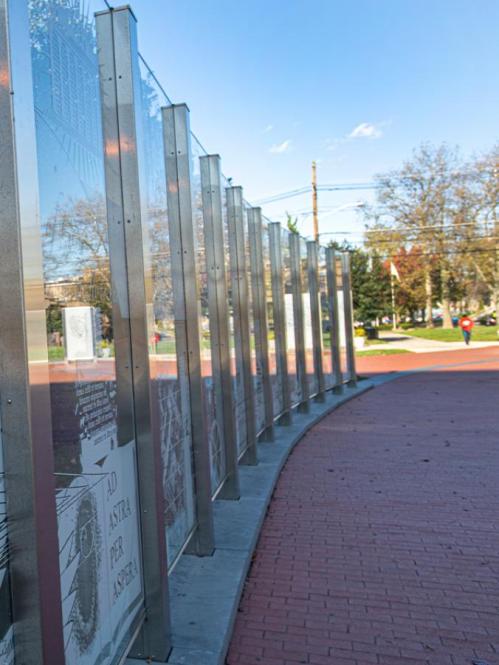 Glass sculpture at the entrance to Rutgers–Camden campus