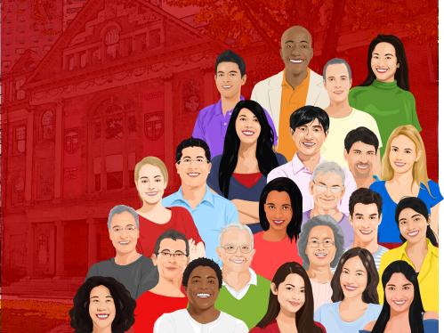 diverse faculty on a red background
