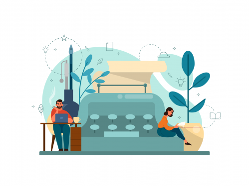 two people sitting by a typewriter