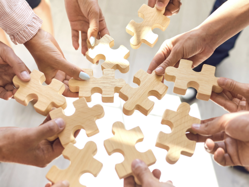 circle of hands holding puzzle pieces