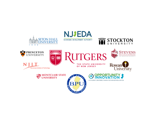 Graphic comprising of logos for Rutgers University, NJEDA, Rowan, Montclair, NJIT, Stockton, Stevens, BPU, and Princeton