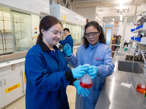 Gia Carignan works with Distinguished Professor Jing Li in her lab in the Chemistry and Chemical Biology Building