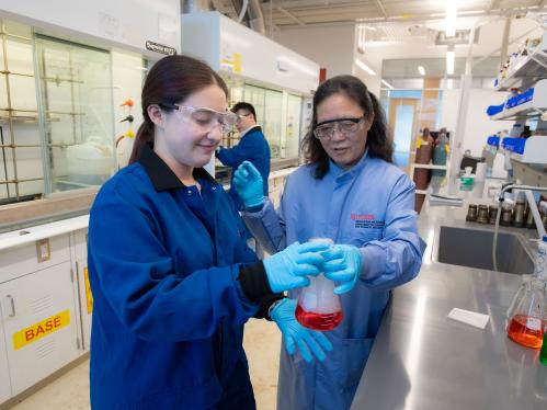 Chemistry graduate student Gia Carignan works with Distinguished Professor Jing Li in her lab in the Chemistry and Chemical Biology Building
