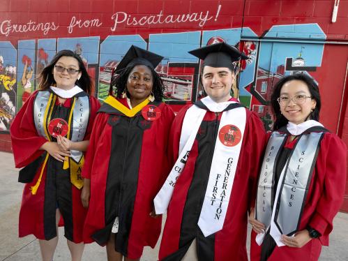 First-generation graduates Ashley Ren (SAS ’25), Evelyn Amoh (SAS ’25), and Alexander Ziegler (SAS ’25) celebrate with Michaela Peyrek (SAS ’25)