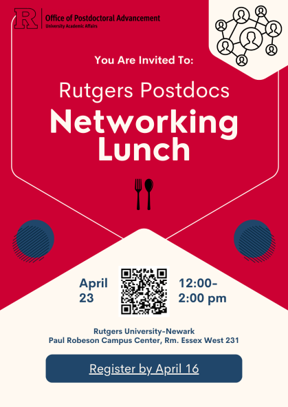 Flyer advertising a postdoc networking lunch at the Rutgers Newark campus