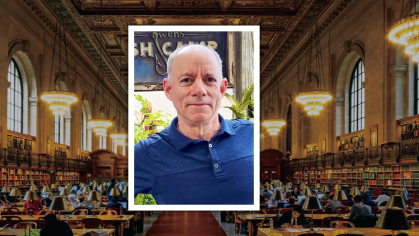 James Goodman with a library backdrop