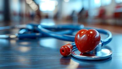 stethoscope next to red heart made of stone