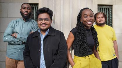 Left to Right: Ojobo Agbo Eje and Athang Sanjeev Bhandarkar, graduate students in the data science program; Morenike Alugo, graduate student in the prevention science program; Adam Okulicz-Kozaryn, assistant professor in the Department of Public Policy and Administration