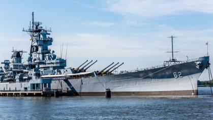 Battleship NJ in the water outside of Camden