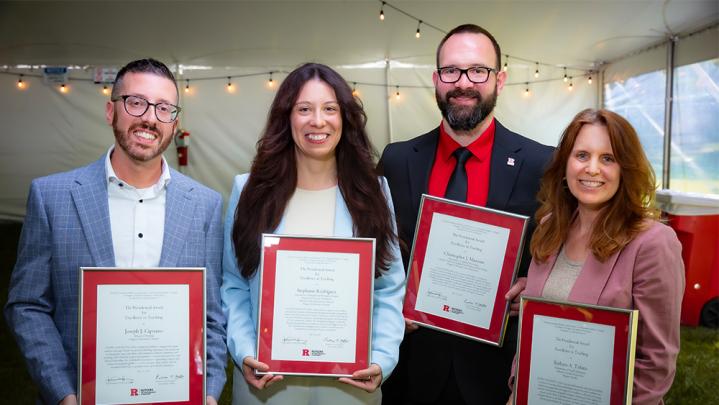 Joseph J. Cipriano, School of Nursing–Camden, Stephanie Rodríguez, Spanish and Portuguese Studies, School of Arts and Sciences–Newark, Christopher J. Manente, Applied Psychology, Graduate School of Applied and Professional Psychology, and Barbara A. Tafuto, Health Informatics, School of Health Professions